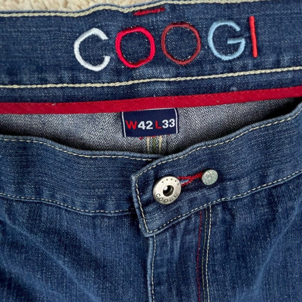 Coogi Mens 42x33 Blue Denim Pants Jeans 100% Cotton Red Green Design Pockets - Picture 8 of 14